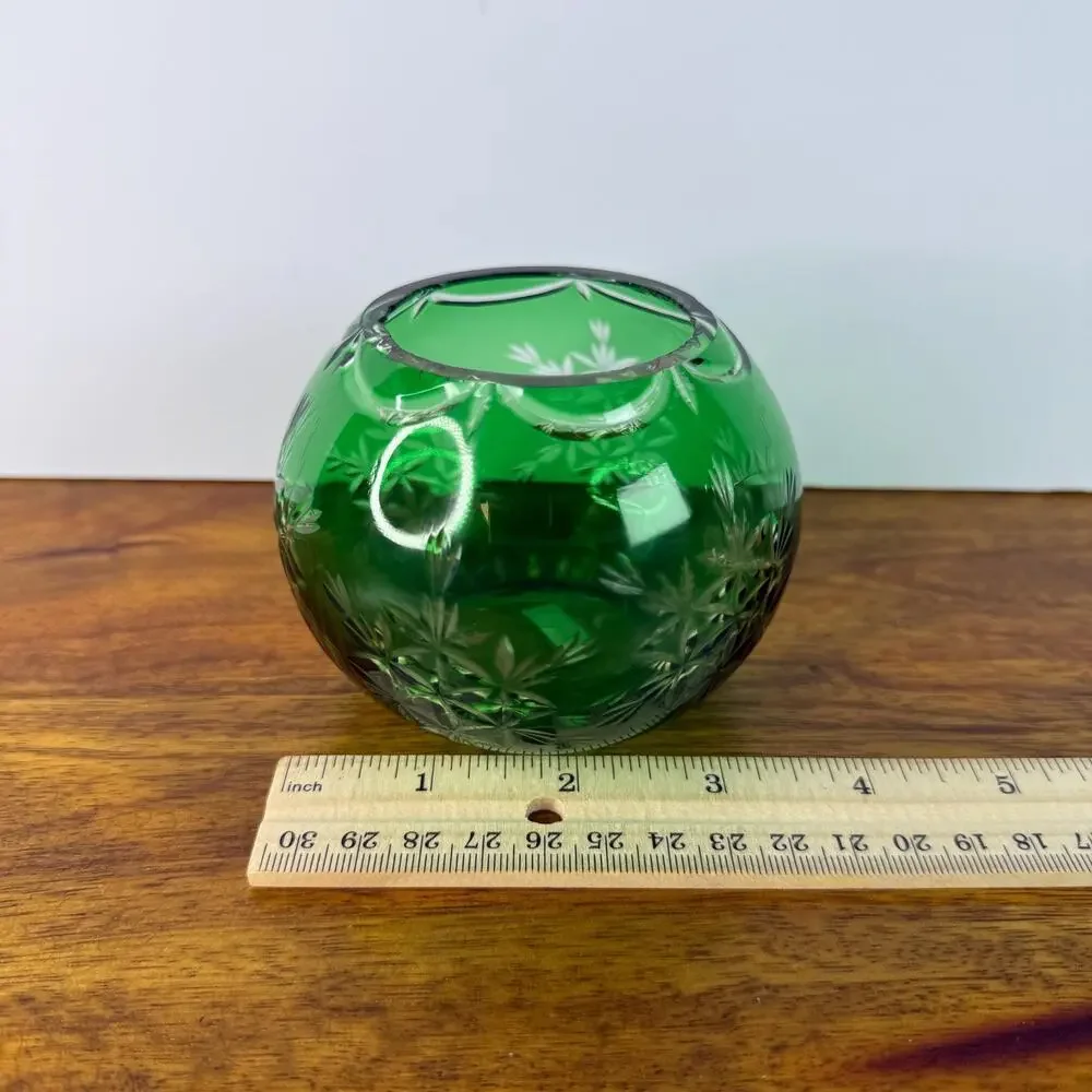 Vintage Emerald Green Cut to Clear Bohemian Bowl Vase